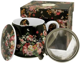 DUO FLORAL Fassbecher 430 ml VINTAGE FLOWERS BLACK mit Teesieb, New Bone China Porzellan