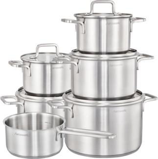 Hanseatic Topf-Set DAILY, Edelstahl 18/10 (Set, 11-tlg, Fleischtopf 2x16 cm / 2x20 cm / 1x24 cm, Stielkasserolle 16 cm), handfreundliche Griffe, Literskala, Glasdeckel, Induktion