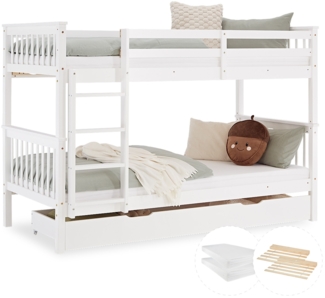 Kinderbett 90x200 mit Matratze Etagenbett Stauraum Holzbett Weiß Jugendbett Doppelstockbett Rausfallschutz Umbaubar
