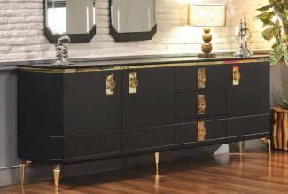 Casa Padrino Luxus Art Deco Sideboard Schwarz / Gold 200 x 41 x H. 77 cm - Edler Massivholz Schrank mit 3 Türen und 3 Schubladen - Art Deco Möbel - Luxus Möbel