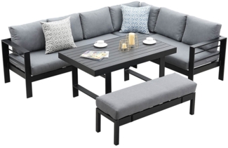 MeXo Gartenlounge-Set Aluminium Gartenmöbel Set, (Garten-Essgruppe, 5-tlg, 3 x Ecksofas, 1 x Gartenbank, 1 x Esstisch 130 x 80 x 67,5 cm), wetterfeste Ecklounge, Terrassenmöbel Set für 8 Personen