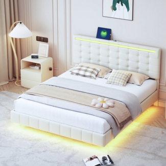Flieks Polsterbett, LED-Beleuchtung Doppelbett Schwebebettrahmen 160x200cm Leinen