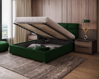 FDM Polsterbett Bettgestell Bettrahmen 120x200, 140x200, 160x200, 180x200cm (MADE IN EU - mit hochwertigem Velours Bezug, Bettrahmen, Bett, Optional mit Matratze bestellbar, mit großen gepolsterten Kopfteil), Mettelrahmen mit hydraulischer Klappfunktio...