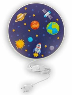 Kinderzimmer Wandlampe Weiß mit Weltall Motiven Schalter und Stecker, Ø 25cm