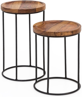 Design Satztisch WL5.661 Sheesham Metall Beistelltisch 2er Set Klein, Couchtisch Set 2 Holz Tische, Massivholz Wohnzimmertisch Metallgestell, Schmaler Sofatisch Ablagetisch