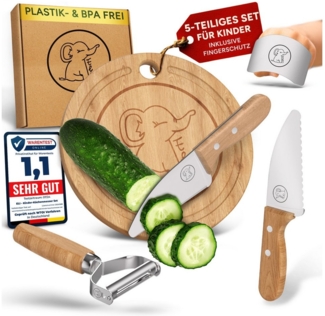 Eli Kinderkochmesser Küchenmesser Kinder Set inkl. Schneidebrett, Schäler und Fingerschutz, 5 teiliges hochwertiges Schneidemesser Set - rostfreier Edelstahl