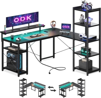 ODK Gamingtisch ODK L Form Gaming Tisch mit Regal, Steckdosen&USB, 135×140cm