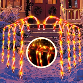 Clanmacy LED-Lichterkette Zuckerstangen LED Beleuchtung Leuchtstab mit Erdspieß Außen 8 teilig, Wasserdichter Batteriekasten