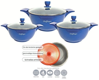Kochtopf Kasserolle Topf Set 6-tlg mit Glasdeckel Cheffinger blau LC-01