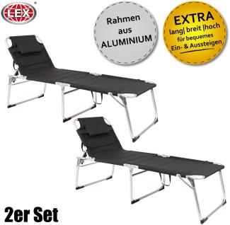 2er-Set XXL 2 m Aluminium Gartenliege Sonnenliege gepolstert Kopfkissen klappbar Schwarz