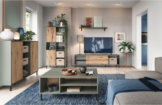 Lomadox Wohnzimmer-Set PARMA-129, (Mega-Spar-Set, 5-St, TV-Lowboard Wandpaneel Regal Sideboard Couchtisch), in grau-grün mit Eiche Nb, griffloses Öffnen