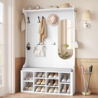Garderobenständer mit Schuhbank, Garderobe mit Spiegel, Schuhaufbewahrung, 10 Haken, Verstellbare Regalböden, Freistehend, für Eingangsbereich, Flur, 35,5 x 100 x 185 cm, Weiß