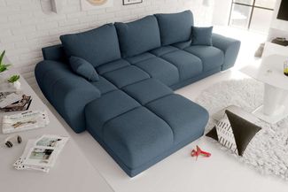 99rooms Antalya Ecksofa Strukturstoff NEVE Dunkelblau Links mit Schlaffunktion