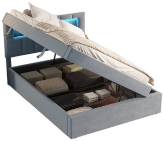 TavilaEcon Boxspringbett Stauraumbett Flachbett Jugendbett, Ambientelicht über dem Bett, einseitig zu öffnen, Minimalistisches Design, 90x200cm