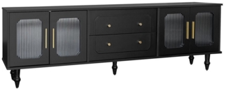 KLAM HOME Lowboard TV-Schrank, TV-Möbel im Retro-Stil: goldene Griffe, viel Stauraum (Fernsehtisch mit 4 PVC-Rattantüren,2 Schubladen, 175*38*55,5cm), TV- Lowboard mit Glastür und Beinen aus Massivholz