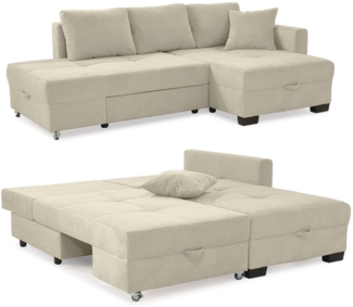 ECKSOFA Doppelbett mit Bettkasten, seitenverkehrt montierbar 247/155/87 cm, Liegefläche 183/207 cm, Cord Beige Grau