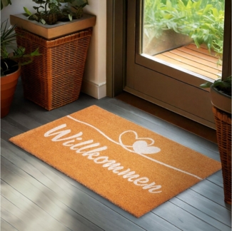 BRUBAKER Fußmatte Willkommen - 45x75 cm Schmutzfangmatte mit Herzen - Braun, Rechteckig, Höhe: 16 mm, Fußmatte für Außen und Innen aus Kokos - Wetterfest und Rutschfest