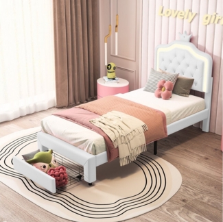 Furnishings Home Polsterbett LED Kinderbett Stauraumbett (1-tlg, Kronenform Kopfteil, Geeignet für Jugendliche und Kinder), Mit LED-Beleuchtung, Schublade, PU, 90x200 cm