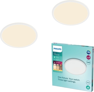 Philips LED Badezimmer Deckenleuchte Superslim, weiß, 18W, warmweißes Licht 2.700K, 3 Lichteinstellungen - dimmen ohne Dimmer, IP44 Schutz, Doppelpack