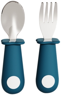 4-teiliges Set aus pfauenblauen Baby-Silikonlöffeln, Kinder-Gabeln und -Löffeln aus Edelstahl 316 mit kurzem Griff, Babygeschirr