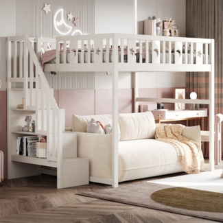 OKWISH Kinderbett Etagenbett Hochbett (mit Treppe und Sicherheitsgeländer, Massivholz mit Stern- und Monddekoration 140x200 cm, ideal für kleine Kinderzimmer), ohne Matratze