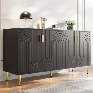Sideboard Schwarz L152 x B40 x H75 cm, Küchen- oder Wohnzimmer-Sideboard aus MDF mit goldfarbenen Griffen, 2 Türen, 4 Ablagefächer