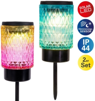 näve LED Solarleuchte Mila, Tageslichtsensor, LED fest integriert, Warmweiß, 2er Set Dekoerdspieß, Glas 1x rot, 1x blau, Dämmerungssensor, H: 25cm