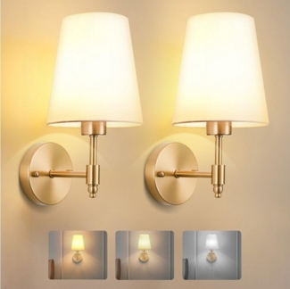 MUPOO Wandleuchte Kabellose Gold Wandleuchten mit Weißem Stoffschirm & 1 Glühbirnen, LED wechselbar, Stoff Wandbeleuchtung für innen,für Badezimmer,Flur,Wohnzimmer