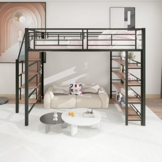 OKWISH Kinderbett Hochbett Metallbett Stauraumbett Gästebett (mit Sicherheitstreppe, Stauraum und kleinem Kleiderschrank, mit Einlegeböden, hohes Zaundesign, Einzelbett, Jugendbett), ohne Matratze