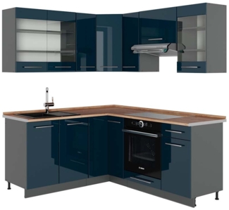 Vicco Eckküche Dunkelblau Hochglanz/Anthrazit 160x190 cm , AP Eiche, Fame-Line
