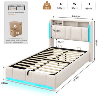 MSMASK Polsterbett 90×200cm, Bett mit Steckdosen & LED Beleuchtung, Stauraum und Kopfteil (Ohne Matratze)