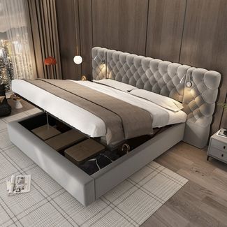 Flieks Polsterbett, Hydraulisches Doppelbett 180x200 cm mit Leselicht und Breitohr-Kopfteil