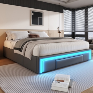 Polsterbett 160x200 cm aus PU-Leder mit Stauraum und LED-Leiste