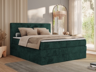 Boxspringbett, Doppelbett mit zwei Bettkästen und Multipocket-Matratze, Cord Bett - TILIANO KING - 140 x 200 cm - Dunkelgrün Cord - H3