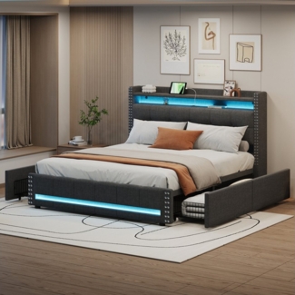 Flieks Polsterbett, LED Stauraumbett Doppelbett 160x200 cm mit USB-Aufladen + 4 Schubladen