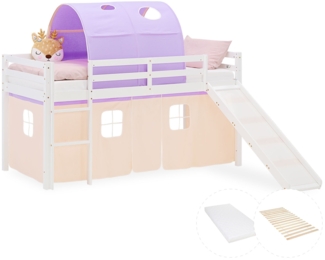 Hochbett Kinder 90x200 cm mit Matratze Rutsche Kinderbett Kinderhochbett Stockbett Vorhang Tunnel Lila Peach