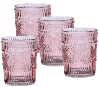 Trinkgläser Vintage - Glas - 280ml - H: 10cm - mit Muster - rosa - 4er Set