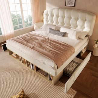 Merax Doppelbett 140x190cm, Polsterbett mit Lattenrost, Bettgestell mit gebogenem höhenverstellbarem Kopfteil, Bett mit Schubladen und Stauraum, Samt, Beige