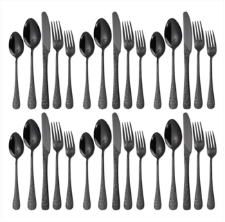 KEENZO Besteck-Set 30 teilig Schwarz Essbesteck Set für 6 Personen florale Muster Griff (30-tlg), 6 Personen, Edelstahl