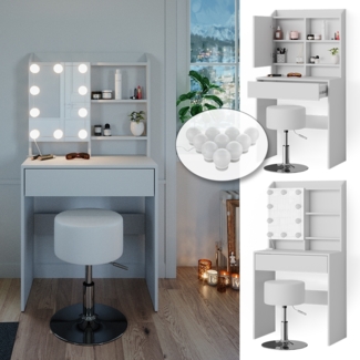 Vicco 'Laura' Schminktisch mit LED-Lichterkette und Hocker, Holzspanplatte weiß, 70 x 40 x 136 cm