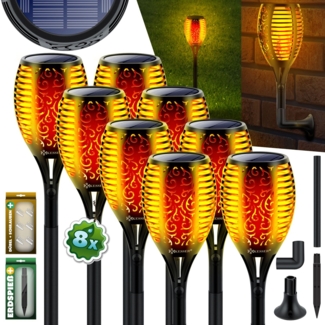KESSER® Gartenfackel Solar Set Solarleuchten Flamme mit Wandhalterung + Erdspieß Licht-Sensor Wetterfest Garten Solarleuchte Fackel Lichter LED Gartenlampe Solarlampe Flammenlicht 96 LED´s, 8er Set