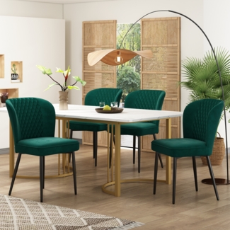 Essgruppe 5-tlg, Tisch weiß/gold 140x80 cm, 4 Samtstühle dunkelgrün mit Rautenmuster