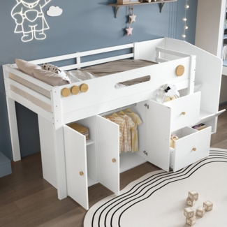 Flieks Hochbett Kinderbett 90x200cm mit Kleiderschrank, Schubladen und Stauraumtreppe