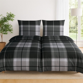 Casa Colori Bettwäsche Biber Bettwäsche 135x200 Anthrazit Grau kariert, Biber, 4 teilig, 100% Baumwolle