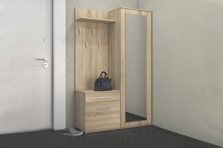 Beautysofa Kompaktgarderobe mit Schublade und Kleiderstange Fiora (Garderobenschrank + Paneel + Schuhschrank, 3-St, Garderoben-Set, 5 Kleiderhaken) inkl. Spiegel, mit Kleiderbügeln