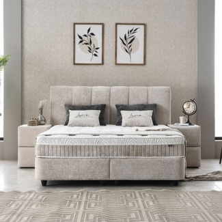 abc bedding Boxspringbett Boxspringbett Komfortbett LUCIA im stilvollen braun beige Stoffdesign (Bett mit Topper, 3-St, inkl. Matratze und Topper), Voll-orthopädisches Schlafsystem inklusive Bettkasten