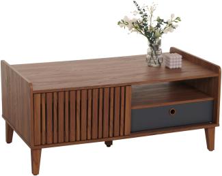 Couchtisch HWC-M48, Wohnzimmertisch Tisch Sofatisch, 52x114x59cm ~ Walnuss-Optik, Schublade dunkelgrau