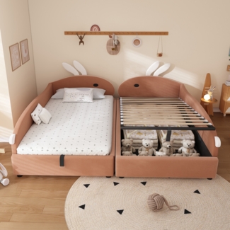 Polsterbett, Kombiniertes Kinderbett mit niedlichem Häschen-Kopfteil, hydraulischem Stauraum, erhöhtem Zaun, Samt, Rosa + Weiß, 90×200 cm × 2