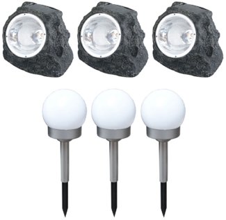 6er Set LED Solarleuchte, Stein, Kugel, weiß, grau