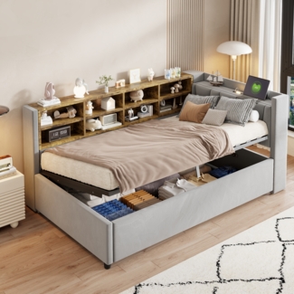 Merax Daybett 90*200 cm Polsterbett Schlafsofa, Mit Hydraulischem Stauraum, Mit Nachtlicht, USB- und Typ-C-Ladeanschluss, Multifunktionsbett, Samtstoff, Hellgrau